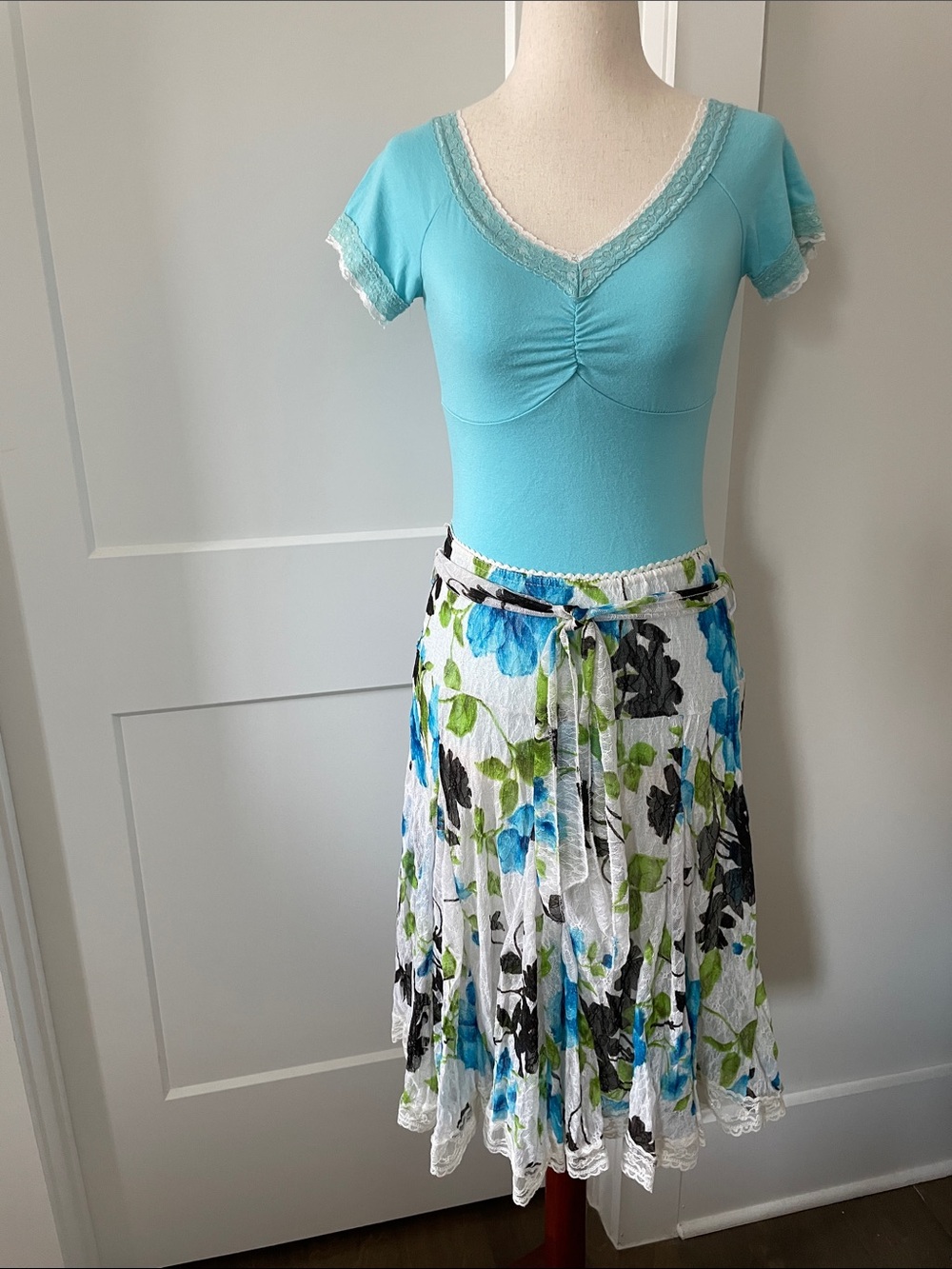 A-Line Floral Midi Skirt in White with Blue & Green Print